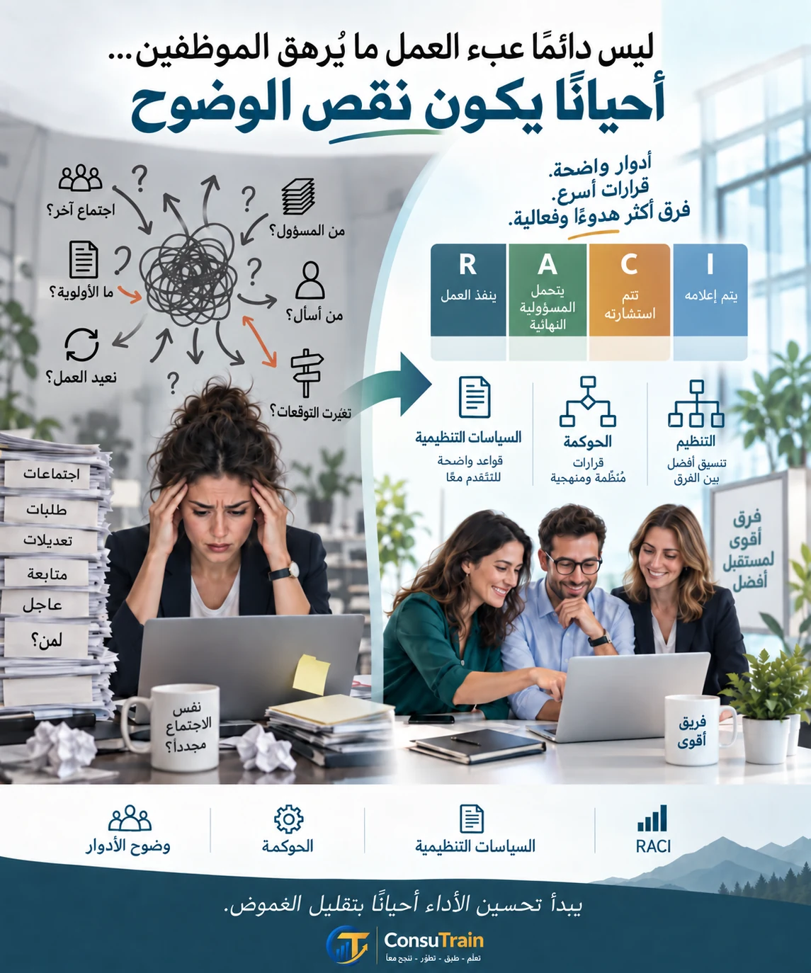 نقص الوضوح في العمل مقابل وضوح الأدوار والحوكمة والسياسات التنظيمية باستخدام مصفوفة RACI.