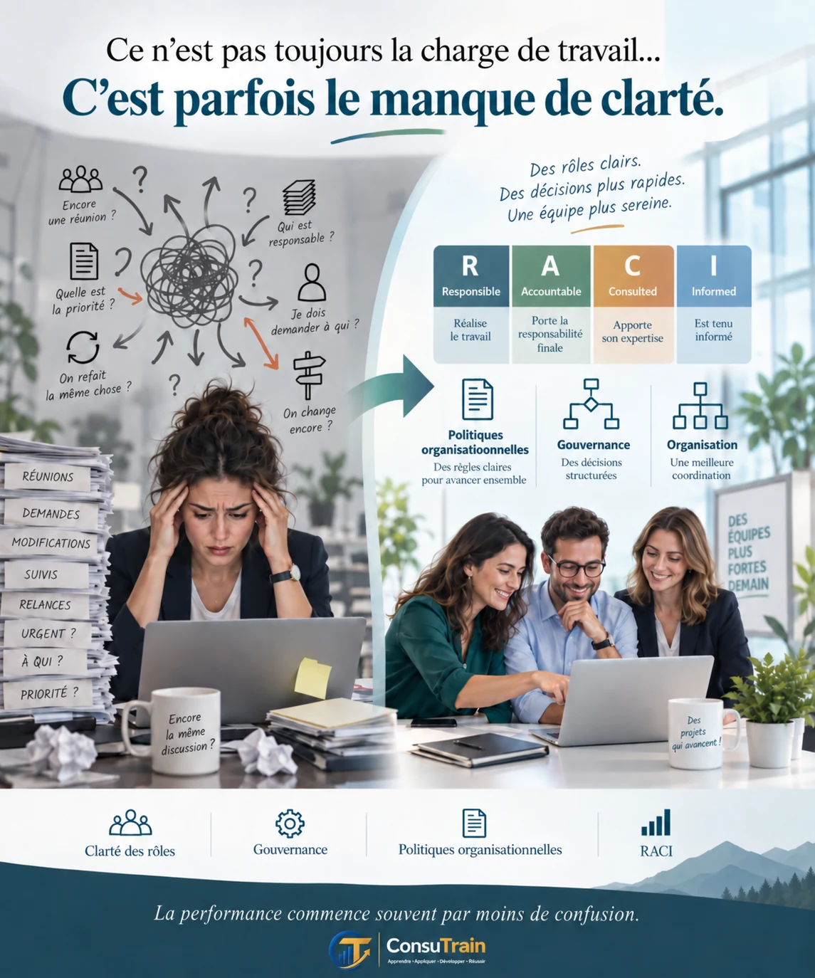 Illustration du manque de clarté au travail et des rôles RACI : Responsible, Accountable, Consulted et Informed.
